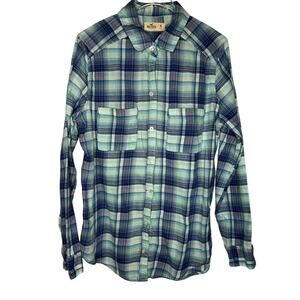Hollister Blue Teal Plaid Long-sleeved Button-Down Shirt Medium